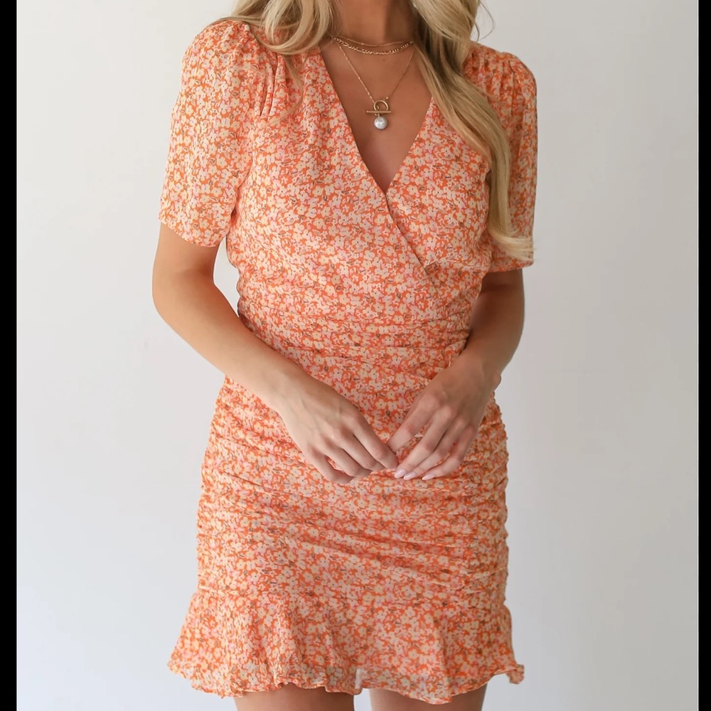 Orange Ruched Floral Mini Dress ShopDressUp